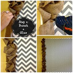 step by step instructions on how to make a burluck and chevron fabric wreath