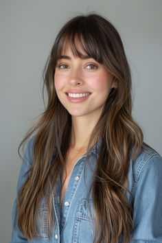 Long hair with wispy bangs, offering a soft and romantic face-framing style. Delicate Face, Romantic Hairstyles, Wispy Bangs, Face Framing