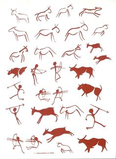 an image of some people and animals in red ink on white paper with black writing