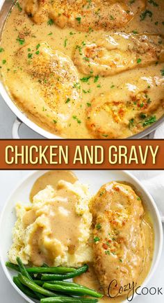 chicken and gravy in a white bowl with green beans