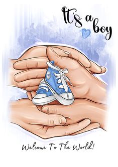 a hand holding a baby's shoe with the words it's a boy