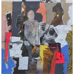 an abstract collage with many different types of paper and pictures on the side of it