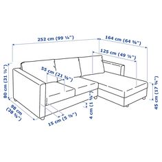 a drawing of a sectional couch with measurements for the seat and back end, as well as