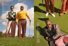 two men in colorful clothing and one is sitting on the grass with golf balls hanging from his feet