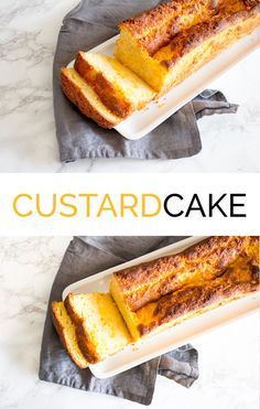 two pictures of bread on top of each other with the words custard cake above them