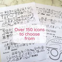 several different coloring pages with the words over 150 icons to choose from on top of them