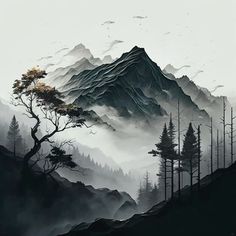 a painting of mountains and trees in the fog