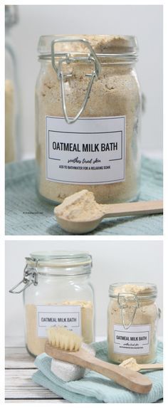 two images showing the ingredients for oatmeal milk bath