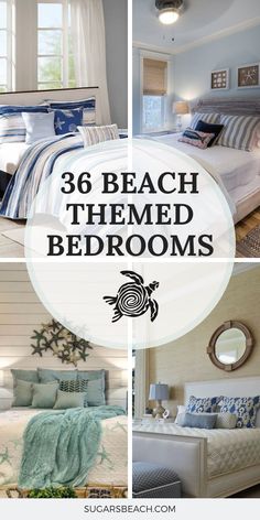 the bedroom is decorated in blue and white with text overlay that says,'beach themed