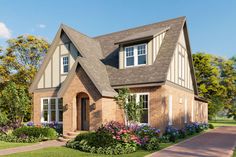 this is an artist's rendering of a two - story brick house with white windows and brown shingles