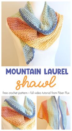 the mountain laurel shawl crochet pattern is shown in three different colors and sizes