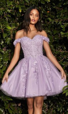 Off-Shoulder Floral Short Homecoming Dress - PromGirl Lilac Homecoming Dress Quinceanera, Lilac Quinceanera Dress Short, Unique Hoco Dresses Short With Sleeves, Corset Bat Mitzvah Dress, Once Upon A Time Homecoming Theme Dress, Lavender Dama Dresses, Purple Dama Dresses, Dama Dresses For Quince, Homecoming Dress Plus Size