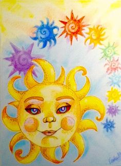 a drawing of a sun with five different colors on it's face and four stars in the background