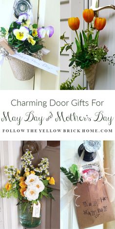 four different pictures with flowers in vases and tags on the front door, one for mother's day or mother's day