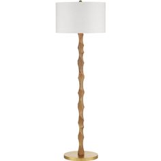 a wooden floor lamp with a white shade on the base and a gold metal base