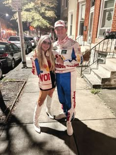 Nfl Couples Costume, Car Guy Halloween Costume, Racecar Couples Costume, F1 Halloween Costume Couple, Race Car Driver And Pit Crew Costume, Racing Couple Costume, Race Car Drivers Couple Costume, Iconic Halloween Costumes Couples Funny, Carley And Ricky Bobby Costume