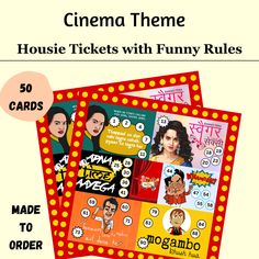 three movie tickets with funny rules on them and the words cinema theme written in different languages