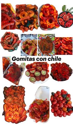 several pictures of different foods and vegetables in the same photo, with caption that reads gomitas con chile