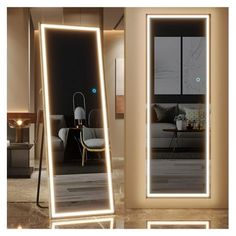 an illuminated mirror in the middle of a room