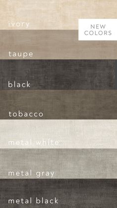 different colors of rugs with the words new colors in white, gray, and black