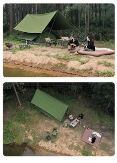 two pictures of people camping in the woods next to a body of water with tents set up on it