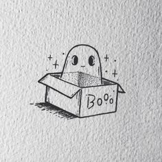 a drawing of a box with a ghost in it's head and the word boo written