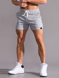 Grey Casual Collar Fabric Plain Track Shorts Embellished Non-Stretch Men Clothing Workout Shorts Outfit, Summer Fits Men, Gym Shorts Men, Summer Workout Outfits, Mens Shorts Outfits, Gym Outfit Men, Mens Casual Outfits Summer, Drawstring Waist Shorts, Mens Workout Clothes