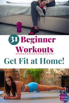 a woman is doing exercises on her bed with the words, beginer workouts get fit at home