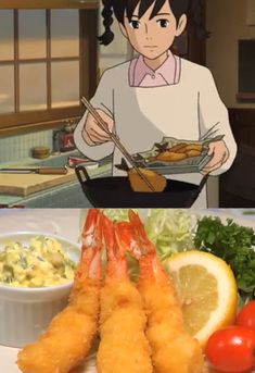 two pictures one with shrimp and the other with lemon wedges in front of it