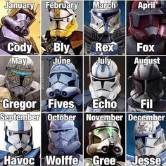 the star wars character names are shown in this poster, which includes many different helmets