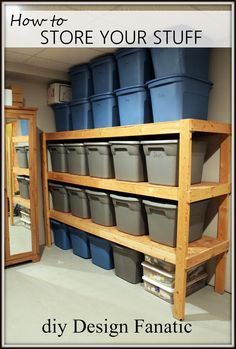 the storage room is filled with plastic buckets