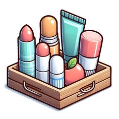 a wooden box filled with different types of cosmetics