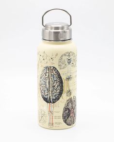 a stainless steel bottle with an image of the human brain on it