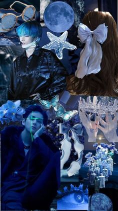 a collage of blue and white images with stars, moon, glasses, and other items