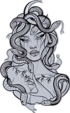 a drawing of a woman with snakes on her head and hands in her hair, holding a snake around her neck