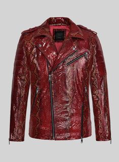 StudioSuits- Opulent Bold Red Python Leather Jacket Red Leather Biker Jacket With Zipper Closure, Luxury Leather Outerwear For Party, Luxury Leather Party Outerwear, Winter Party Leather Biker Jacket, Designer Red Leather Outerwear, Leather Biker Outerwear For Party, Luxury Leather Jacket With Zipper For Fall, Leather Biker Jacket For Parties, Luxury Leather Biker Jacket For Fall