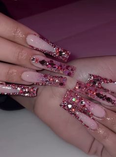 Dark Pink Acrylic Nails, Glam Pink Nails, Extra Acrylic Nails, Barbie Nails Acrylic, Bedazzled Nails, Quince Nails, Makeup Nails Designs