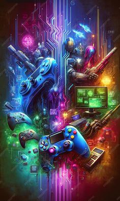 a computer and video game controllers are depicted in this digital painting