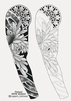 two black and white tattoo designs with flowers on them, one is in the shape of a