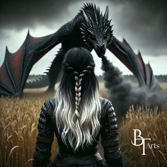 a woman with long white hair standing in front of a black dragon on top of a field