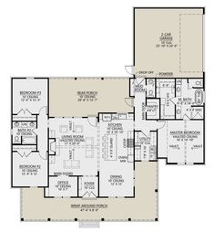 the first floor plan for a home with two master suites and an attached living area