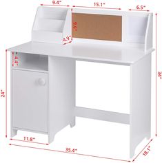 a white desk with a brown cardboard box on it's top and bottom shelf