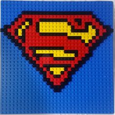 an image of a superman logo made out of legos on a blue background with yellow and red colors