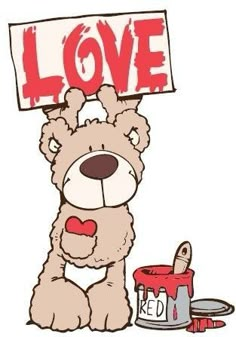 a teddy bear holding up a sign with the word love painted on it's face