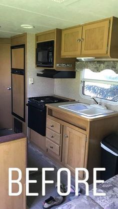 a kitchen and living room in an rv with the words before painted on it's side