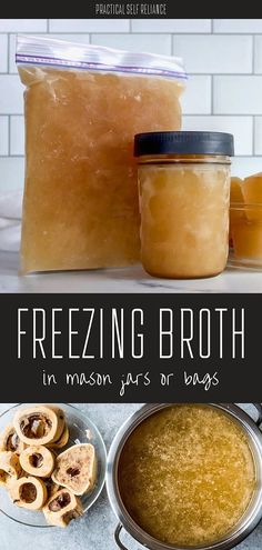 freezeing broth in mason jars or bags with text overlay reading freezing broth in mason jars or bags