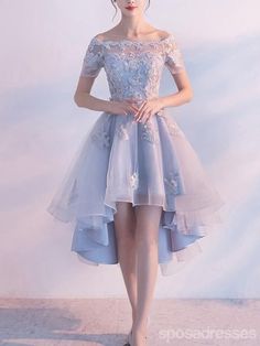 Short Sleeve Off Shoulder High How Dusty Blue Cheap Homecoming Dresses – SposaDresses Light Blue Homecoming Dresses, Homecoming Dresses High Low, Short Sleeve Prom Dresses, Wedding Dress Black, Cute Dresses For Party, Gaun Fashion, Tulle Homecoming Dress, Cheap Homecoming Dresses, Blue Homecoming Dresses