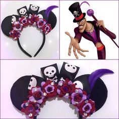 there are two pictures of mickey mouse's ears with flowers and skulls on them