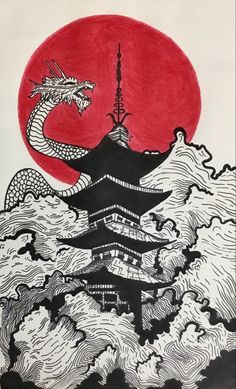 an ink drawing of a pagoda with a dragon on it's roof and the sun in