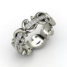 a white gold ring with diamonds in the center and an intertwined design on top